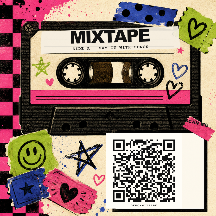 Colourful cassette Mixtape sticker with a working QR code
